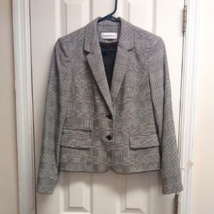 Calvin Klein Women's Black and White Checkered Blazer Size 10P